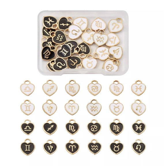 U8MO 24pcs Heart 12 Constellation Alloy Enamel Charms Sequins Dangle Pendants 12x14mm