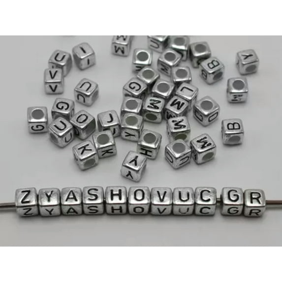 U8MO 250 Assorted Alphabet Letter Acrylic Cube Pony Beads 6X6mm Jewelry Kids Craft-3-5# Metallic Silver Color