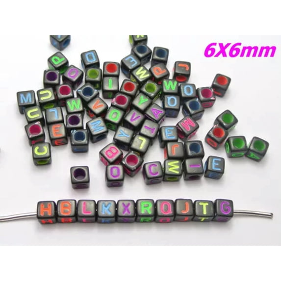U8MO 250 Assorted Alphabet Letter Acrylic Cube Pony Beads 6X6mm Jewelry Kids Craft-3-8# Black with Neon Color