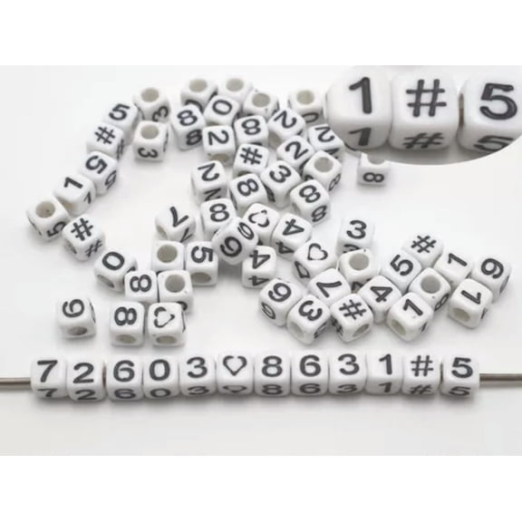 U8MO 250 Assorted Number "0-9" "#" Cube Pony Beads 6X6mm Jewelry Craft Funny Beads-4-3# White with Black