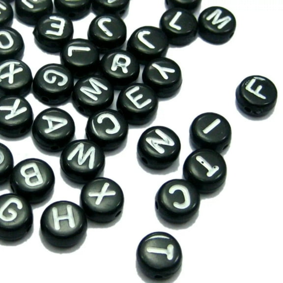 U8MO 250 Black Acrylic Assorted Alphabet Letter Coin Beads 4X7mm (0.16"X0.28")
