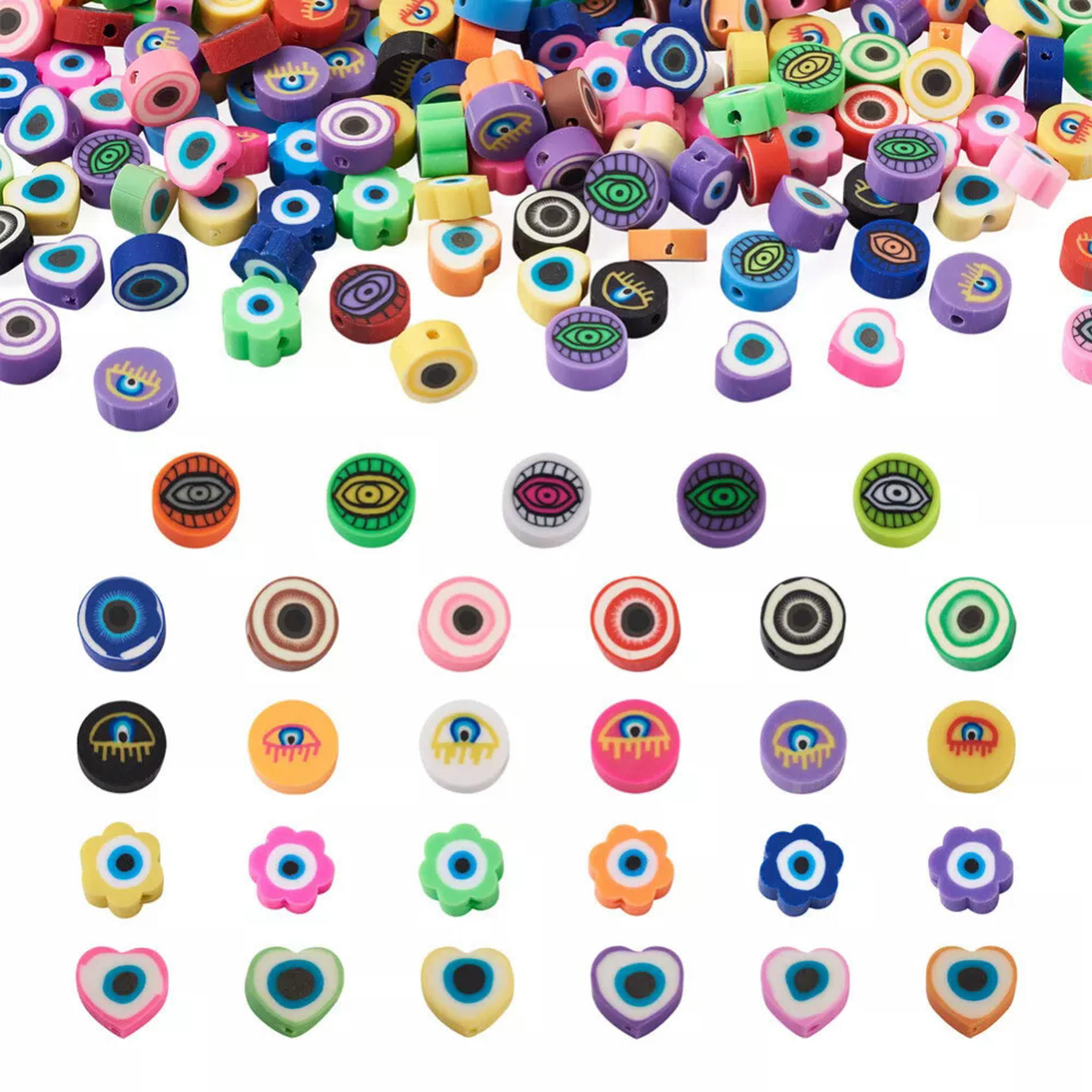 U8MO 250Pcs Flat Round Flower Heart with Evil Eye Handmade Polymer Clay Beads 8~10mm
