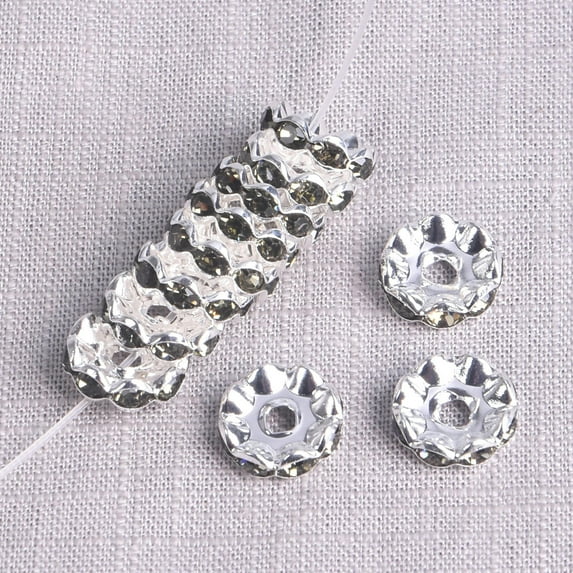 U8MO 25pcs Flat Round Rondelle 12mm Crystal Glass Rhinestone Metal Loose Spacer Beads-Gray