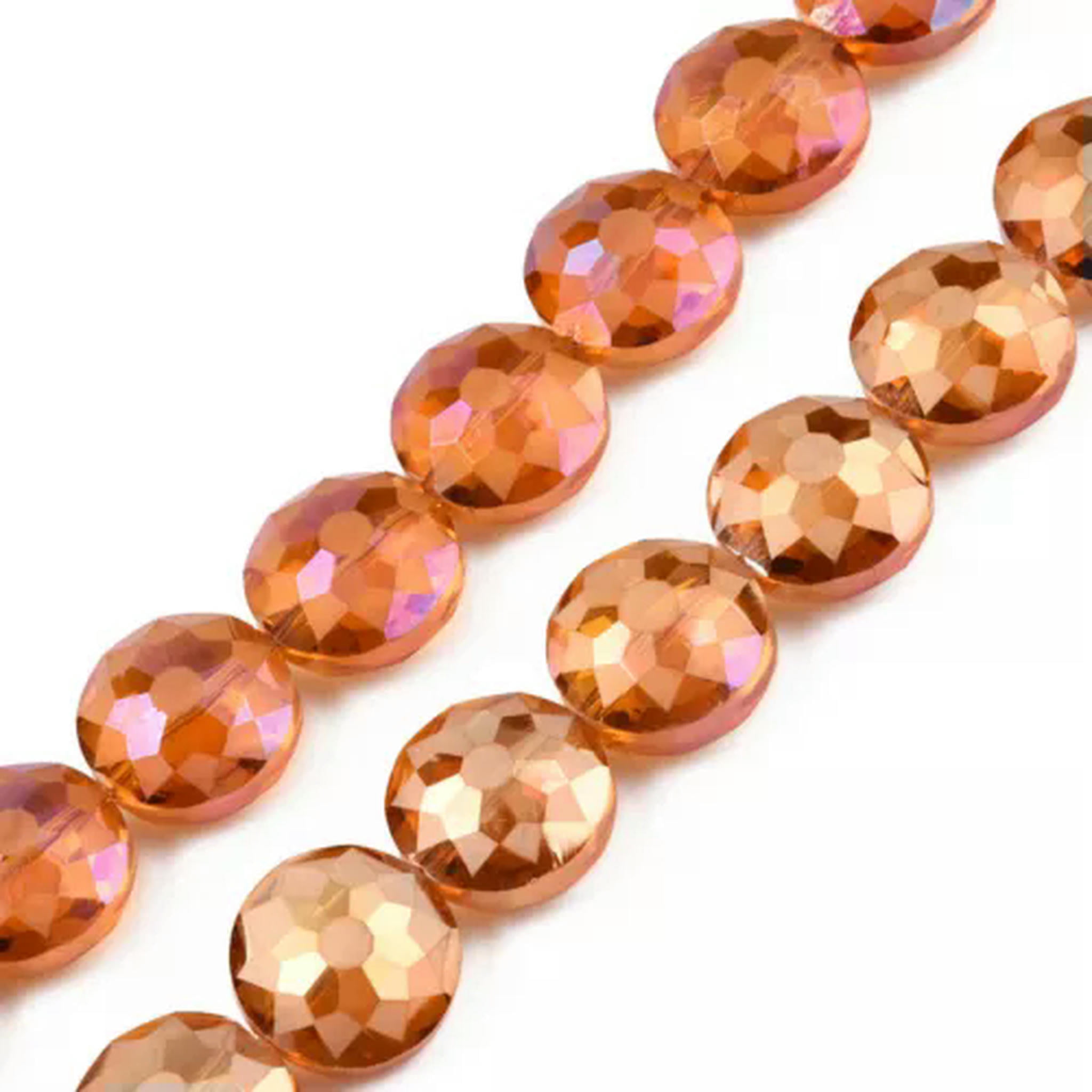 U8MO 2Strands Rainbow Plated Faceted Flat Round Electroplate Glass Beads Frosted 14mm-Coral