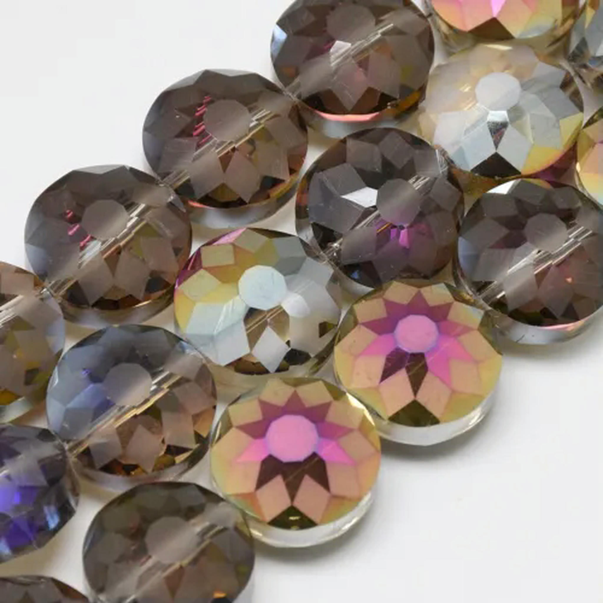 U8MO 2Strands Rainbow Plated Faceted Flat Round Electroplate Glass Beads Frosted 14mm-Gray