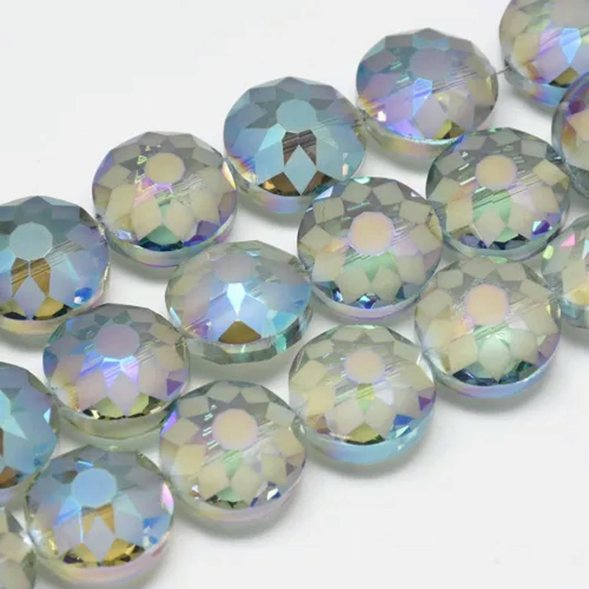 U8MO 2Strands Rainbow Plated Faceted Flat Round Electroplate Glass Beads Frosted 14mm-Light Sky Blue