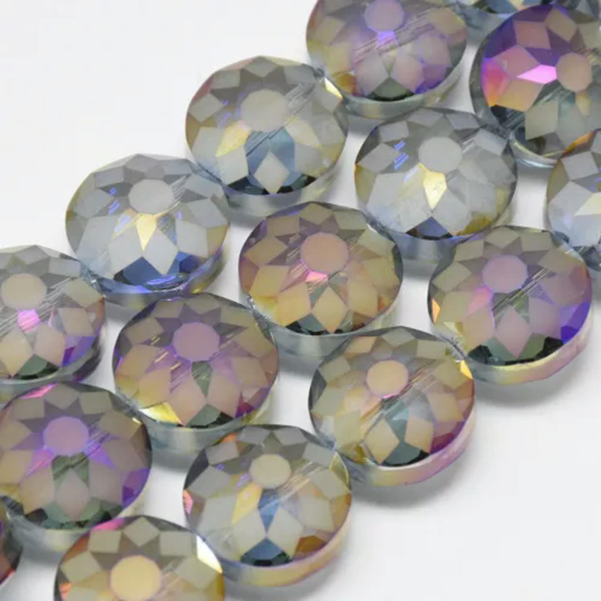 U8MO 2Strands Rainbow Plated Faceted Flat Round Electroplate Glass Beads Frosted 14mm-Light Steel Blue