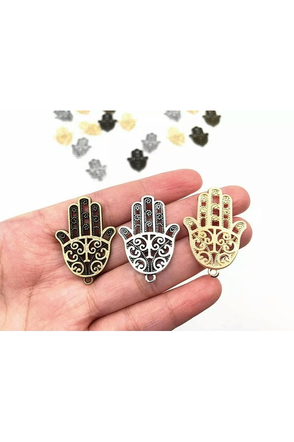3 Large Hamsa Hand Pendants Gold Bronze Religious Charms Jewelry Making 35mm