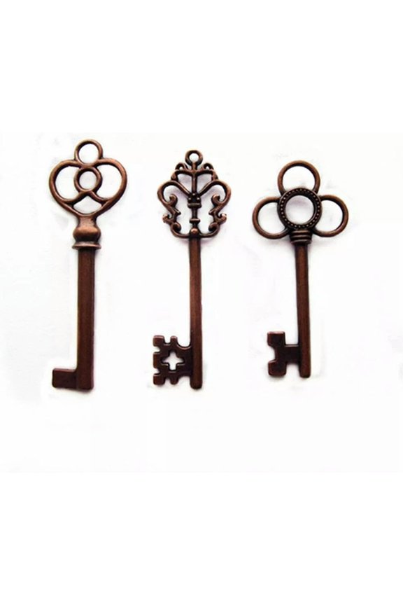 3 Skeleton Key Pendants Antiqued Copper Big Keys Large Wedding Favors Steampunk*