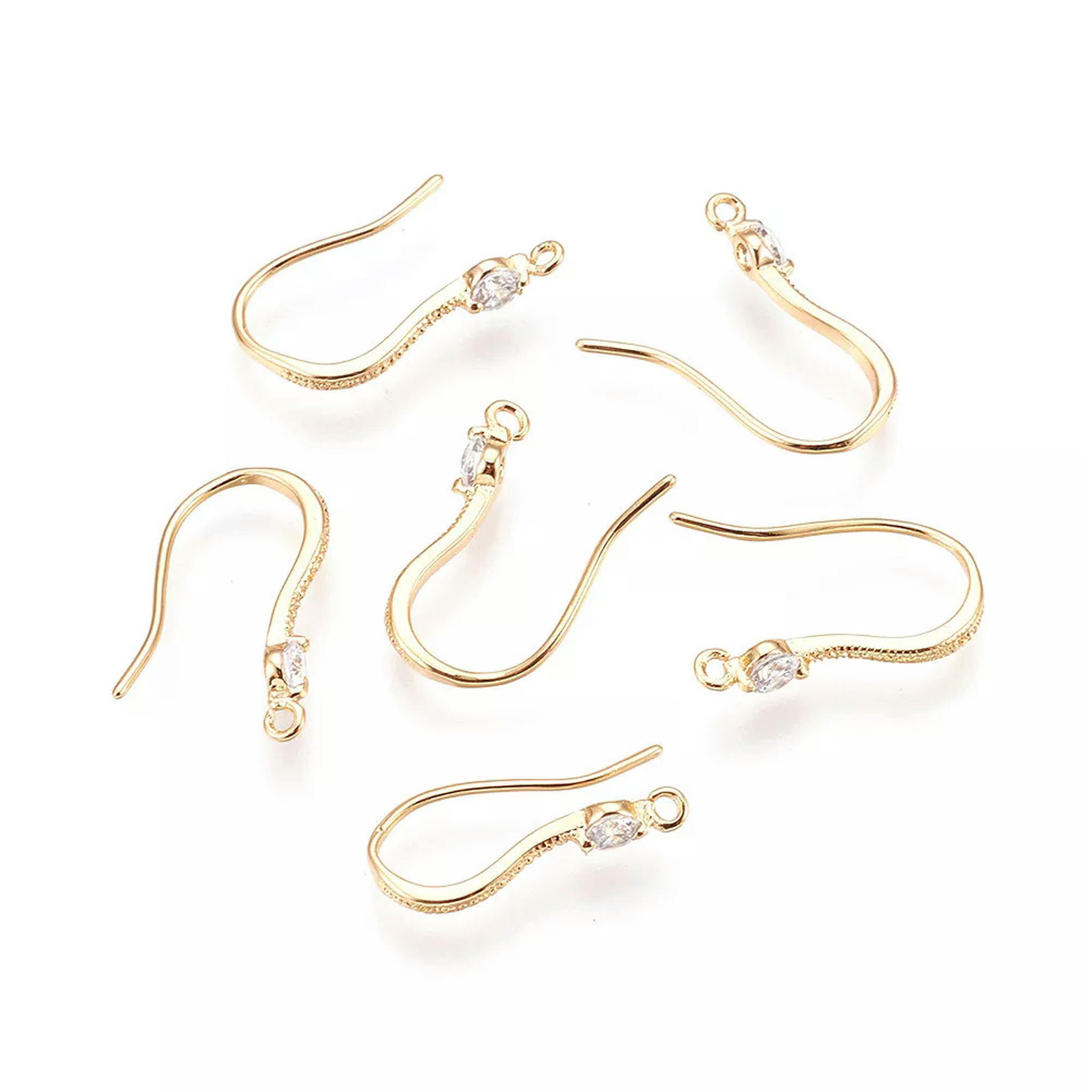 U8MO 30pcs Brass Cubic Zirconia Earring Hooks Bumpy French Earwire Gold Plated 16mm