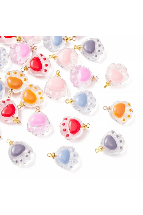 30x Glass Cat Dog Paw Print Footprint Charms Pendants for DIY Jewelry Making