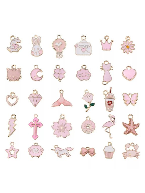 30x Pink Cross Fish Tail Heart Daisy Moon Charm Pendants for Jewelry Making