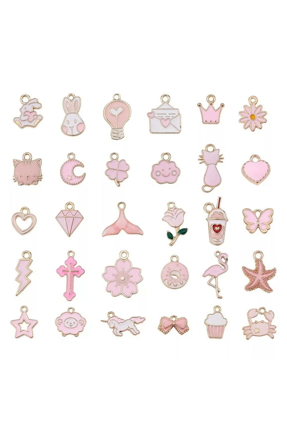 30x Pink Cross Fish Tail Heart Daisy Moon Charm Pendants for Jewelry Making
