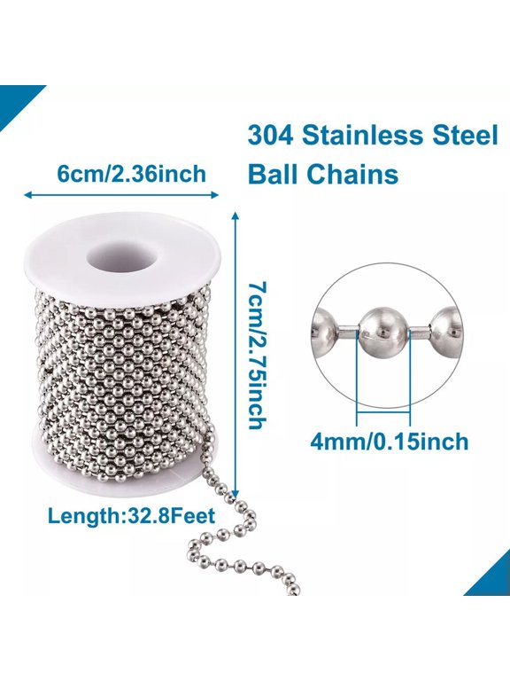 32.8 Feet/Roll Soldered 304 Stainless Steel Ball Chains Necklace Jewelry 4mm