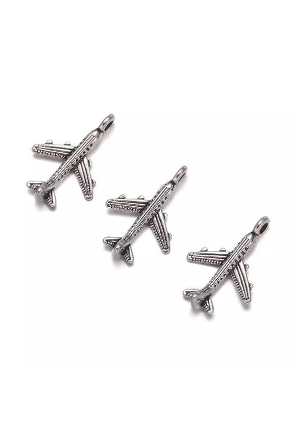 4 Airplane Charms Antique Silver Tone Plane Pendants Pilot Airman Findings 22mm