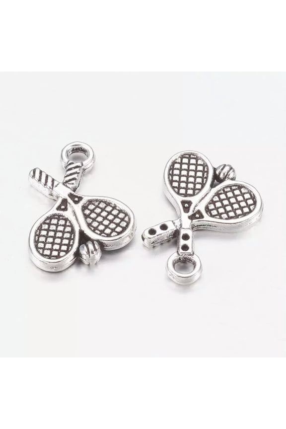 4 Tennis Racket Charms Antique Silver Tone Sport Pendants Team 20mm