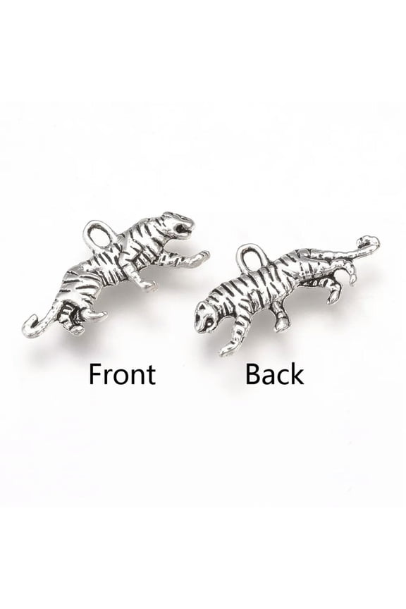 4 Tiger Charms Antiqued Silver Animal Pendants 2 Sided Zoo Endangered