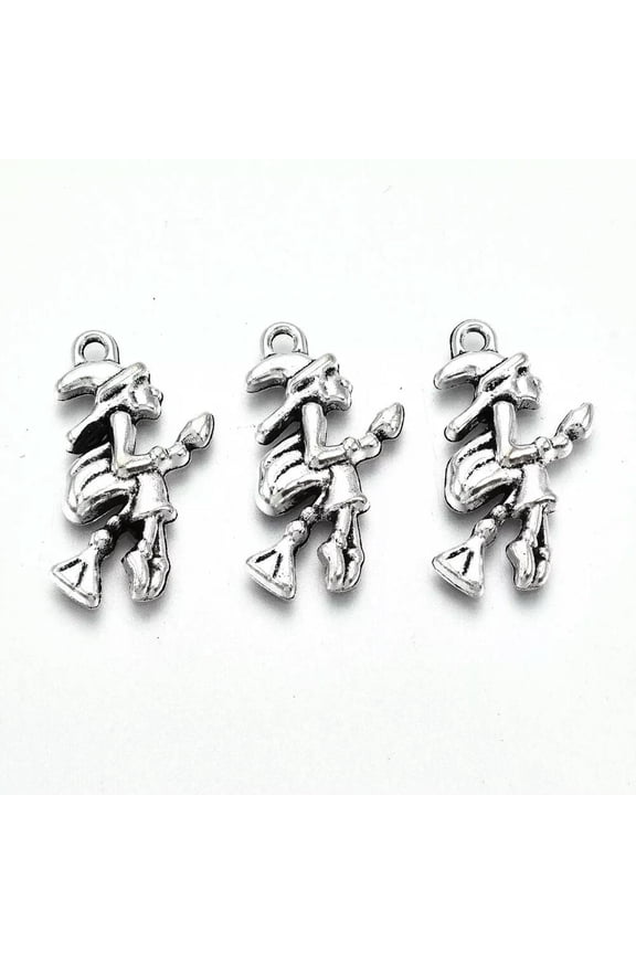 4 Witch Charms Antique Silver Tone Halloween Pendants Findings Broomstick