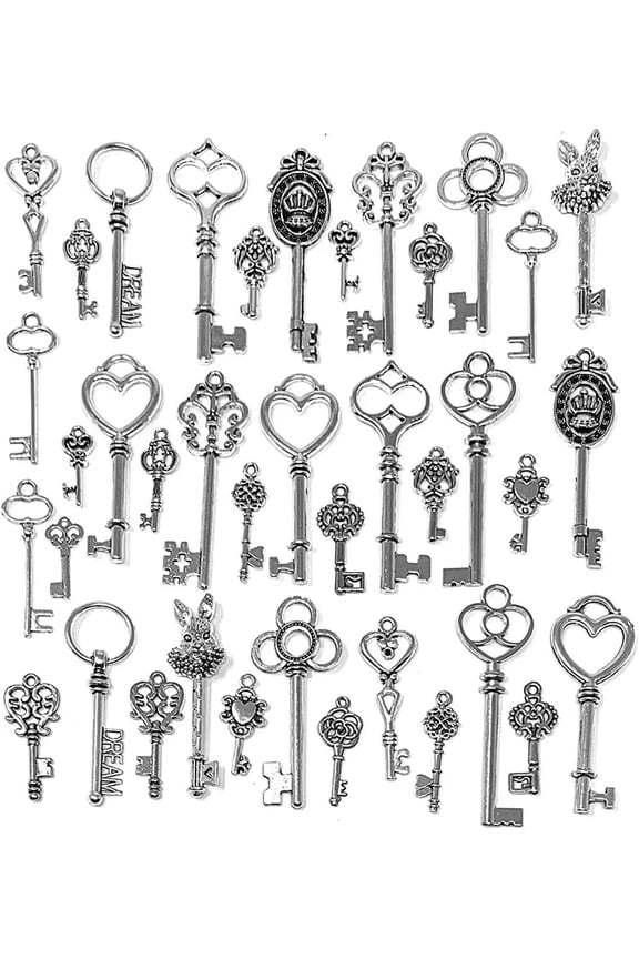 40 Skeleton Key Pendants Antiqued Silver Assorted Steampunk Charms Wedding Keys