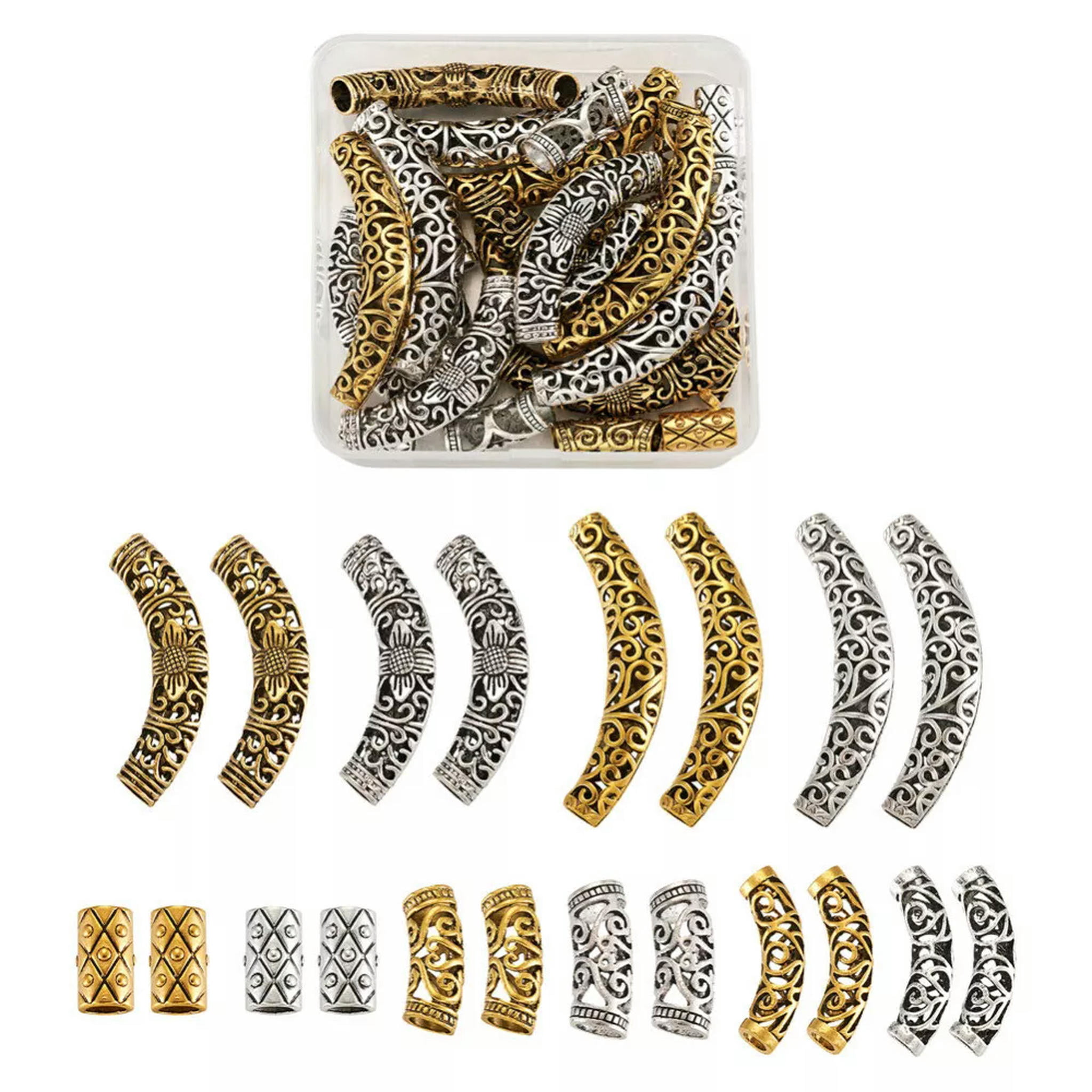 U8MO 40pc Tibetan Silver Alloy Curved Tube Beads Long Curved Tube Noodle Beads 7~64mm
