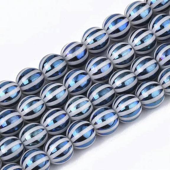 U8MO 40pcs/Strd 8mm Round Electroplate Glass Beads Colorful Loose Spacer Ball Beads-Stripe-Steel Blue