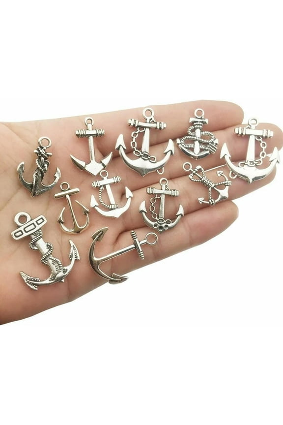 48 Anchor Charms Antiqued Silver Ocean Pendants Nautical Assorted Fishing Hook