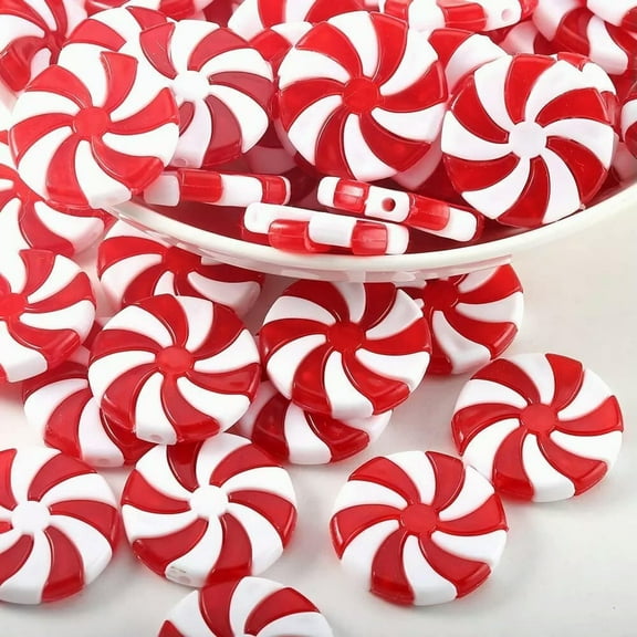 U8MO 48 Peppermint Christmas Beads Red White Lot 34mm Candy Jewelry Supplies