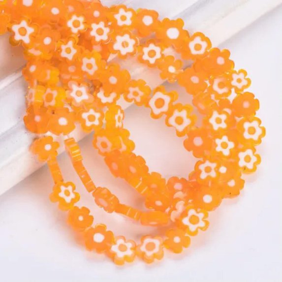 U8MO 4mm 6mm 8mm Handmade Flower Shape Millefiori Glass Beads For Jewelry Making-Orange White-5~7mm (65pcs)
