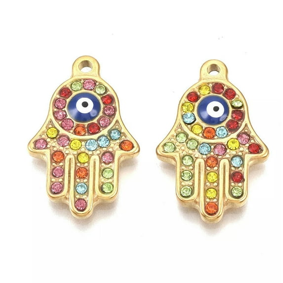 U8MO 4pcs Colorful 304 Stainless Steel Rhinestone Hamsa Hand Pendants Charms 24x15mm