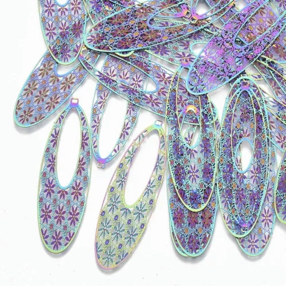 U8MO 5/10pcs 201 Stainless Steel Filigree Pendants Colorful Dangle Charms DIY Earring-Oval with Flower-5pcs