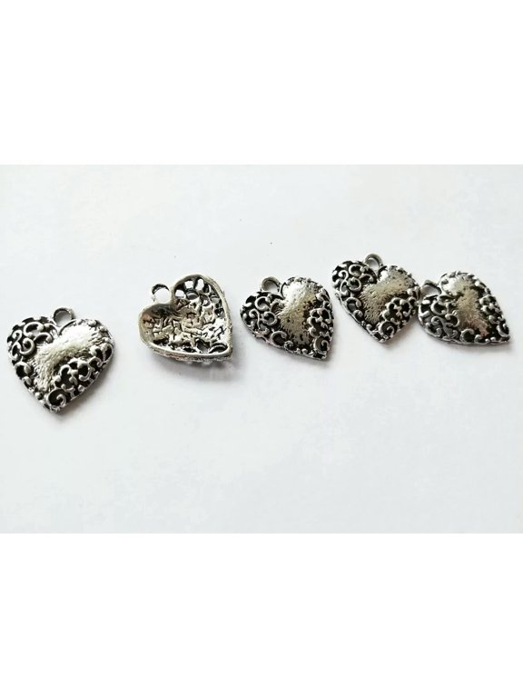 5 Heart Charms Antiqued Silver Scrolled Heart Pendants Ornate Love Findings