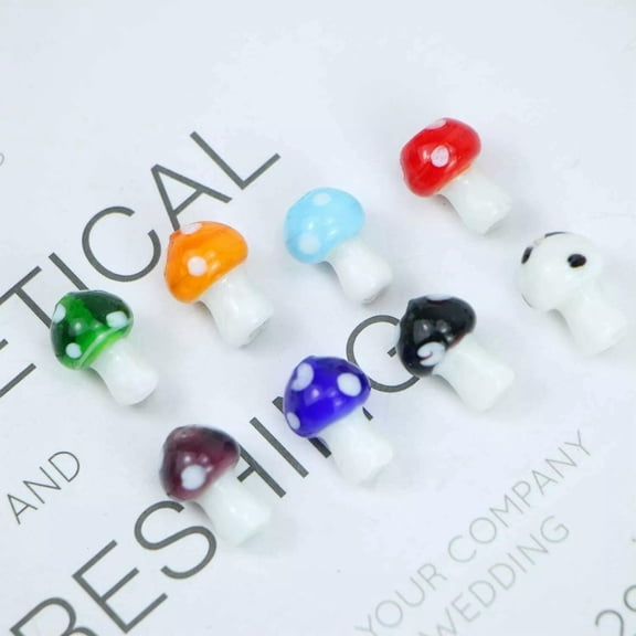 U8MO 5 Mushroom Beads Lampwork Glass Miniatures Nature Pendants 16mm Assorted