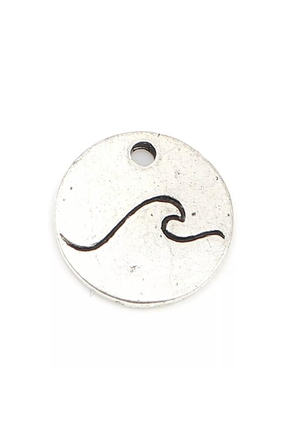 5 Ocean Wave Charms Antiqued Silver Circle Surfing Pendants Sea Life 12mm