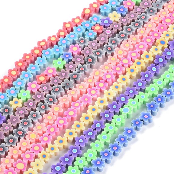 U8MO 5 Strd Handmade Flower Printed Polymer Clay Flower Beads Colorful Spacer 9.6x4mm