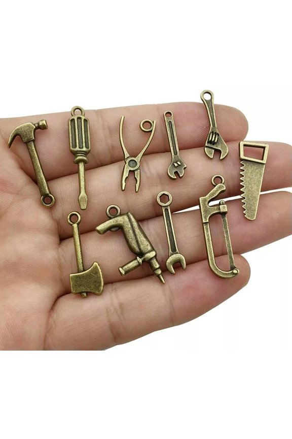 5 Tool Charms Antique Bronze Tone Construction Worker Pendants 2 Sided Assorted