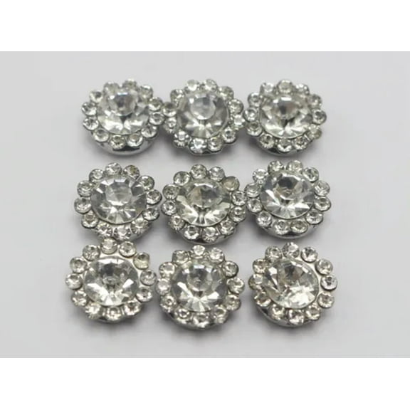 U8MO 50 Pcs Silver Metal Bling Crystal Rhinestone Pearl Flatback Buttons 11mm Wedding-Clear+Silver