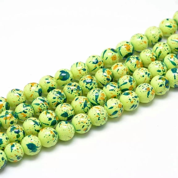 U8MO 50 Splatter Glass Beads 8mm Lime Green Yellow Spotted Bulk Jewelry Supplies Mix