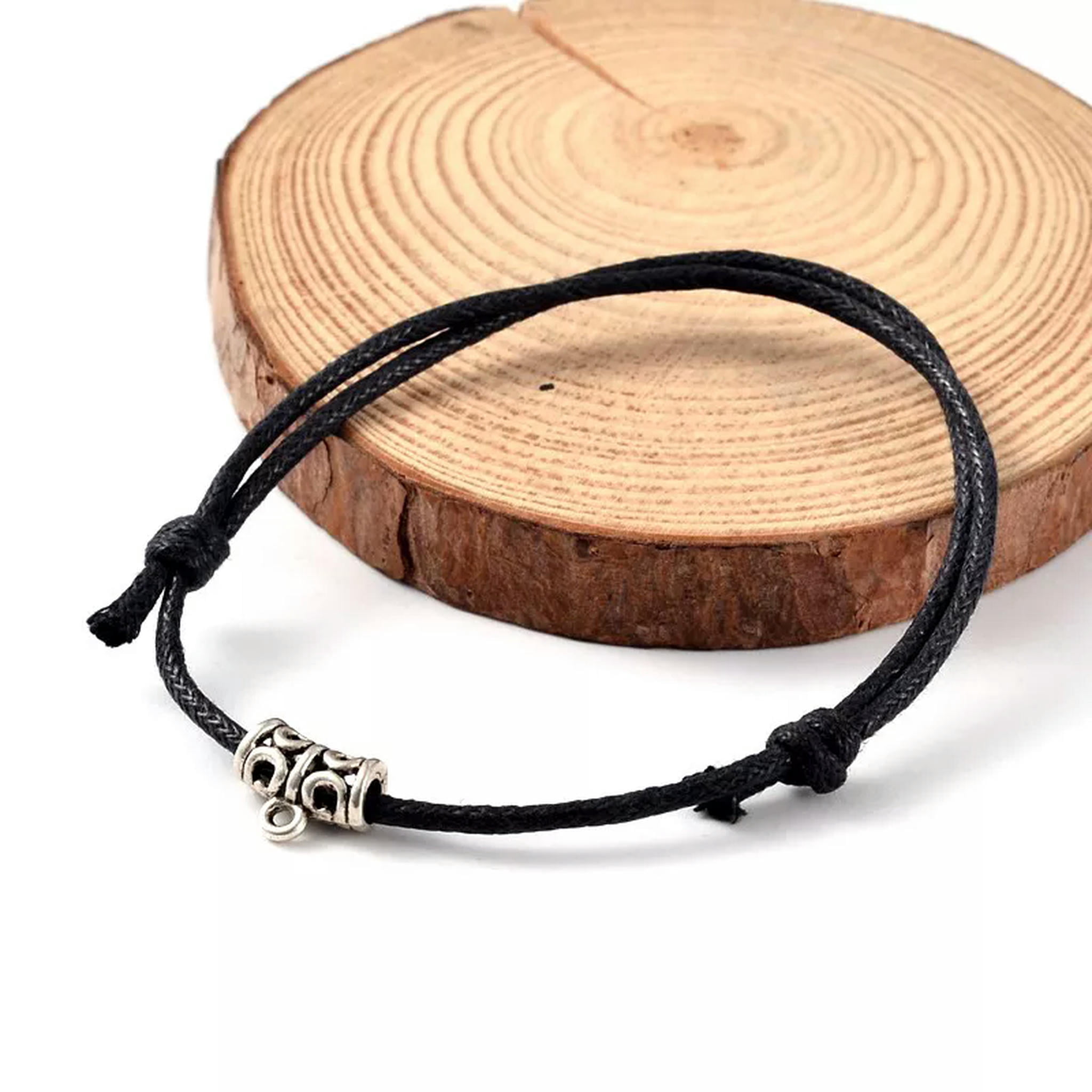 U8MO 50 Strds Adjustable Waxed Cotton Cord Bracelet Bases with Alloy Bails Black 65mm