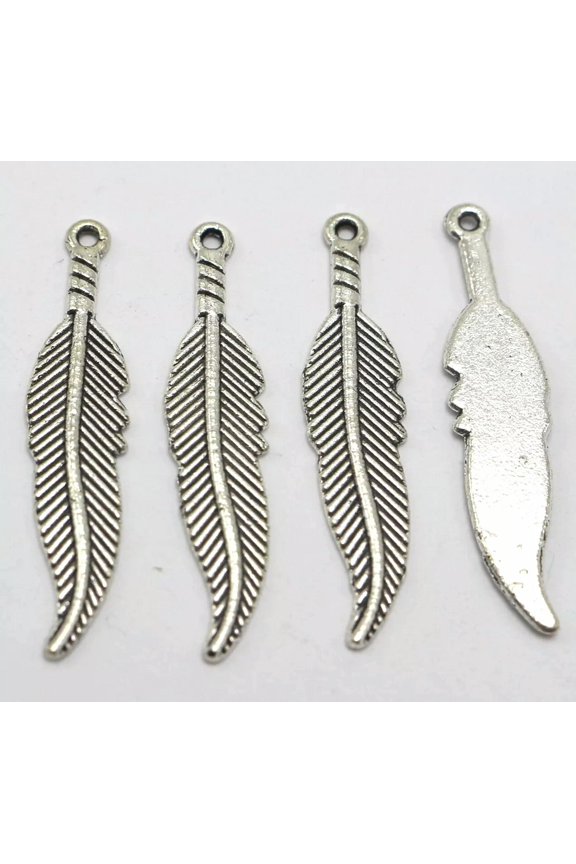 50 Tibet Silver Tone Alloy Feather Charm Pendants 36X8mm Jewelry Making
