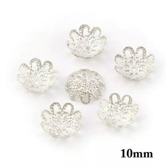 U8MO 500 PCS 5-Petals Flower Filigree Bead Caps 10mm Hollow Bead End Caps for Jewelry-Silver