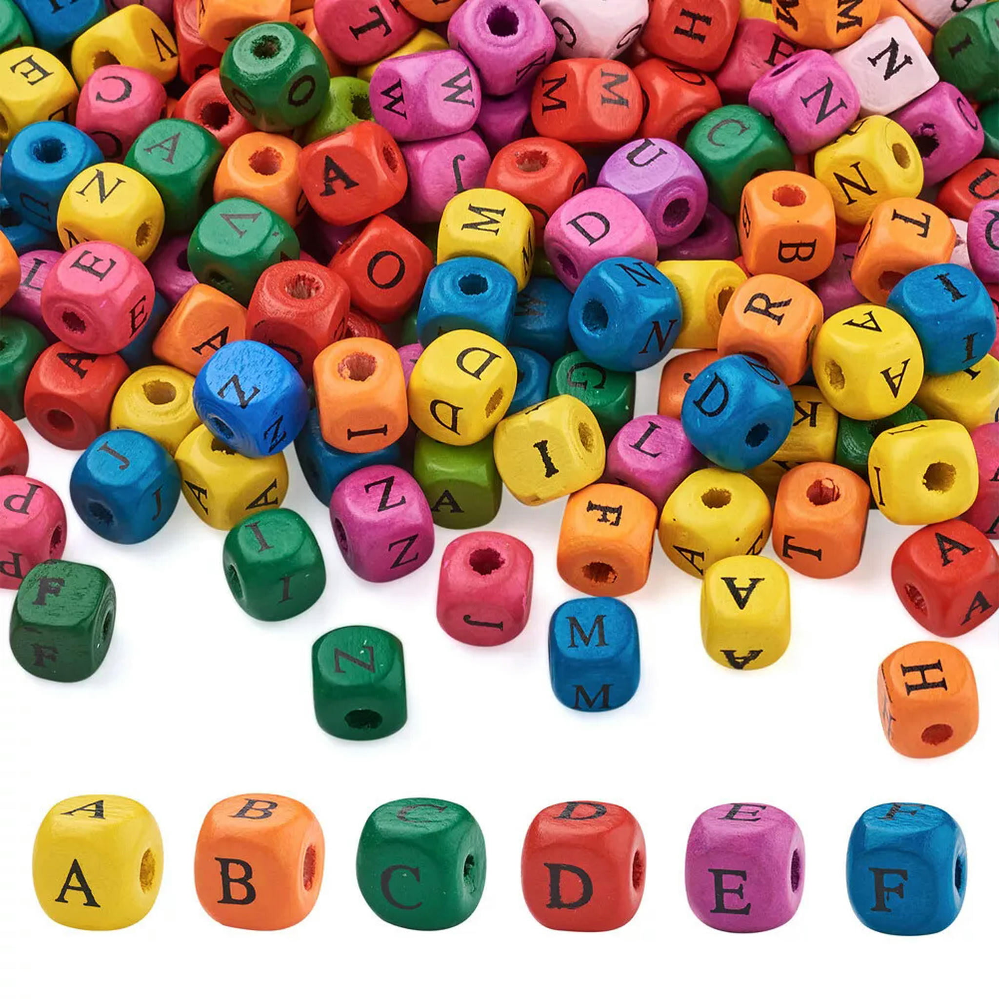 U8MO 500pcs 10mm Cube Natural Wood Letter Large Hole Beads Alphabet Loose Spacer Bead