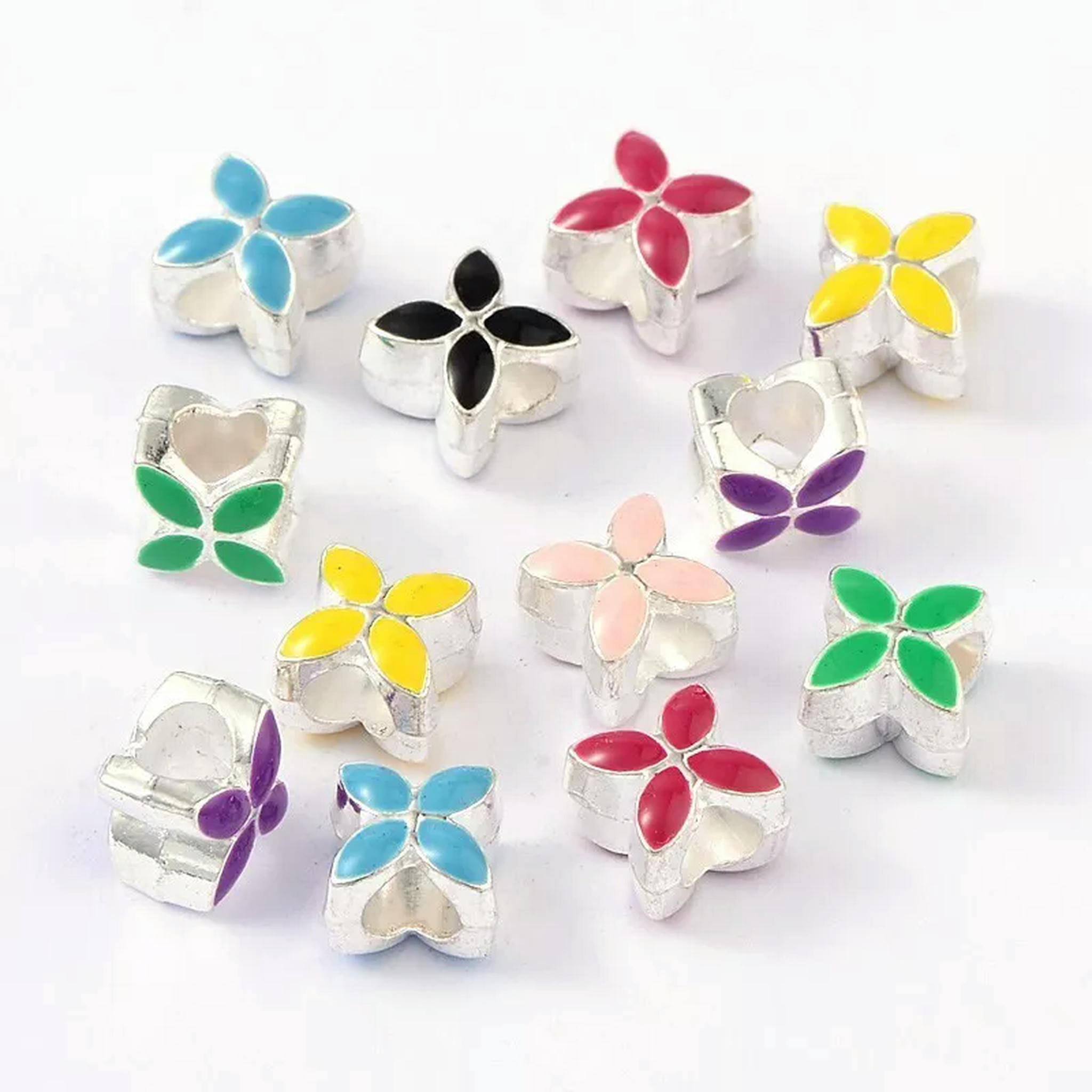 U8MO 50Pcs Alloy Enamel European Flower Large Hole Beads For Jewelry Making 10x10x8mm