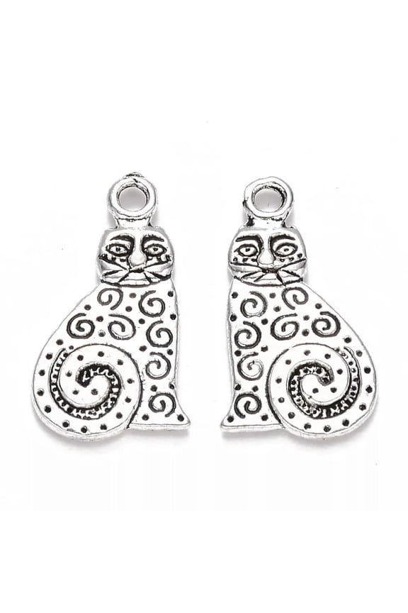 50Pcs Antique Silver Tibetan Style Alloy Cat Shape Kitten Pendants 22x12.5x2mm