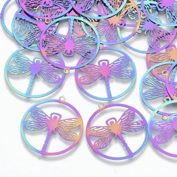 U8MO 50pc Multi-Color 201 Stainless Steel Dangle Pendants Etched Metal Embellishments-Flat Round with Dragonfly