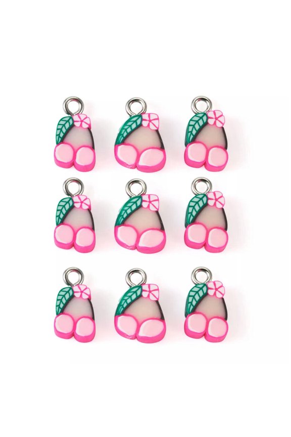 50pcs Cherry Fruit Handmade Polymer Clay Charms Hot Pink Dangle Charms 13~14mm
