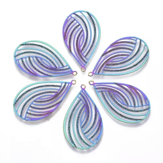 U8MO 50pcs Colorful Vacuum Plating 201 Stainless Steel Filigree Pendants 23~48.5mm-Teardrop