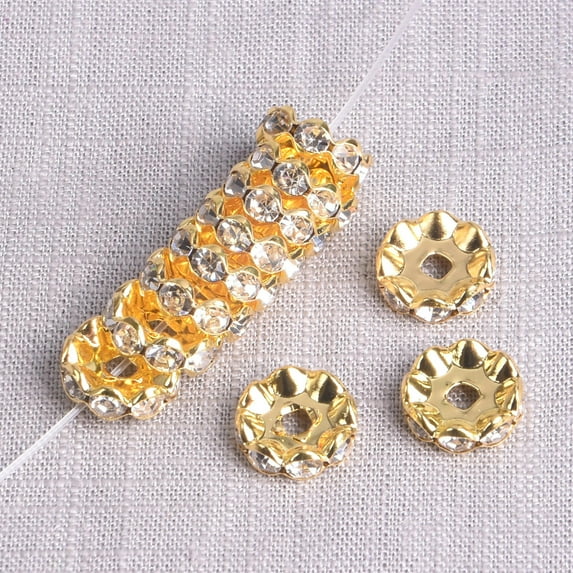U8MO 50pcs Flat Round Rondelle 12mm Crystal Glass Rhinestones Metal Spacer Beads-Gold