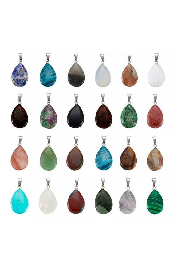 50pcs Mixed Stone Drop Smooth Pendants Charms Gems Links With Brass Bail 25~29mm