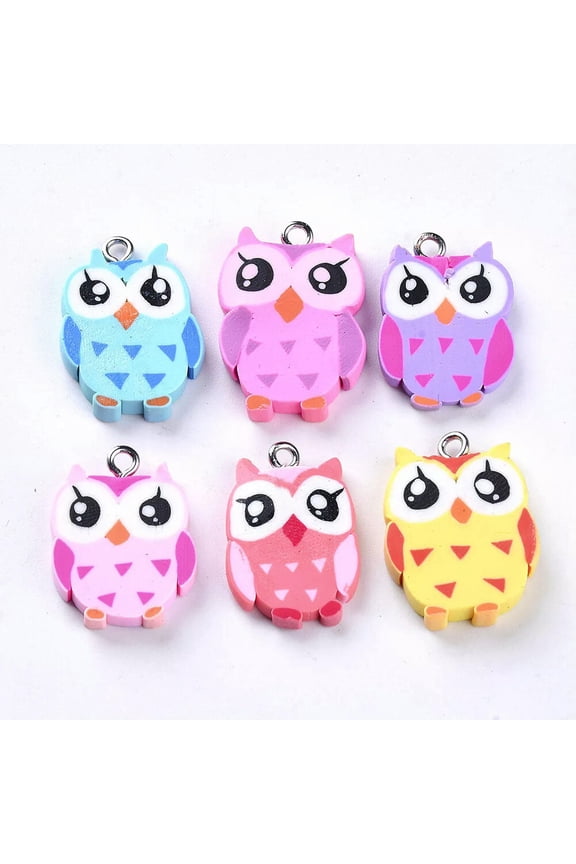 50pcs Owl Handmade Polymer Clay Pendants Colorful Mini Dangle Charms 22~25mm