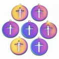 thumbnail image 1 of U8MO 50pcs Rainbow 201 Stainless Steel Metal Pendant Multi-color Hang Charms 24~33mm-Flat Round with Cross-33x30x0...., 1 of 2